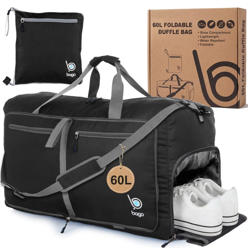 Bago Foldable Duffel Bags for Traveling Women & Men - 60L Medium Packable Duffle Bag for Travel with Shoe Compartment - Water Repellant, Heavy Duty, Lightweight Folding & Collapsible (Black) - Image 1